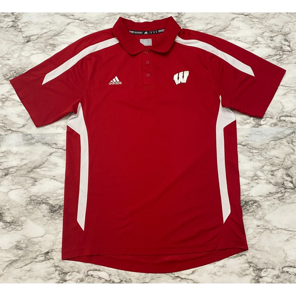 ADIDAS CLIMALITE Wisconsin Badgers Mens Polo Shirt M Red Football Short Sleeve